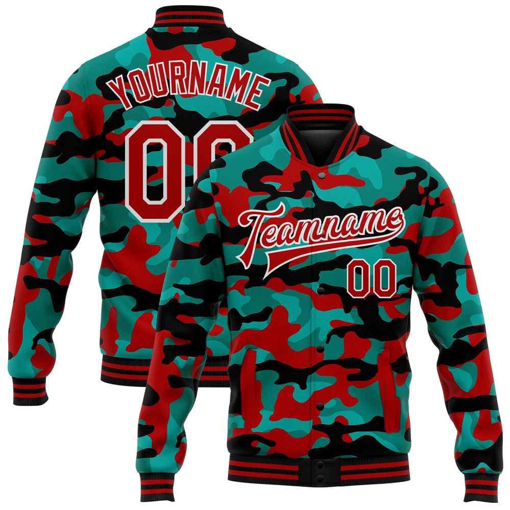 Custom Camo Red White Fluorescent Camouflage 3D Bomber Full Snap Varsity Letterman Salute To Service Jacket, Custom Team Jacket Custom Camo Red White Fluorescent Camouflage 3D Bomber Full Snap Varsity Letterman Salute To Service Jacket, Custom Team Jacket