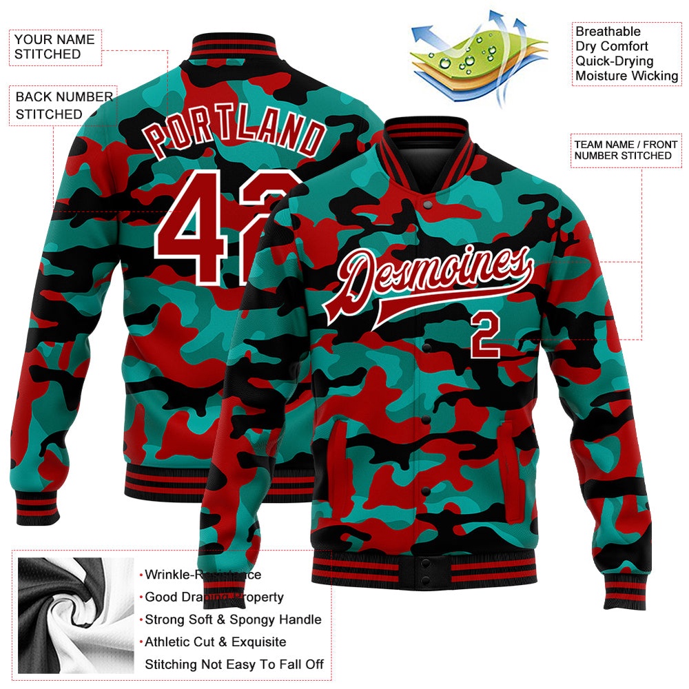 Custom Camo Red White Fluorescent Camouflage 3D Bomber Full Snap Varsity Letterman Salute To Service Jacket, Custom Team Jacket Custom Camo Red White Fluorescent Camouflage 3D Bomber Full Snap Varsity Letterman Salute To Service Jacket, Custom Team Jacket
