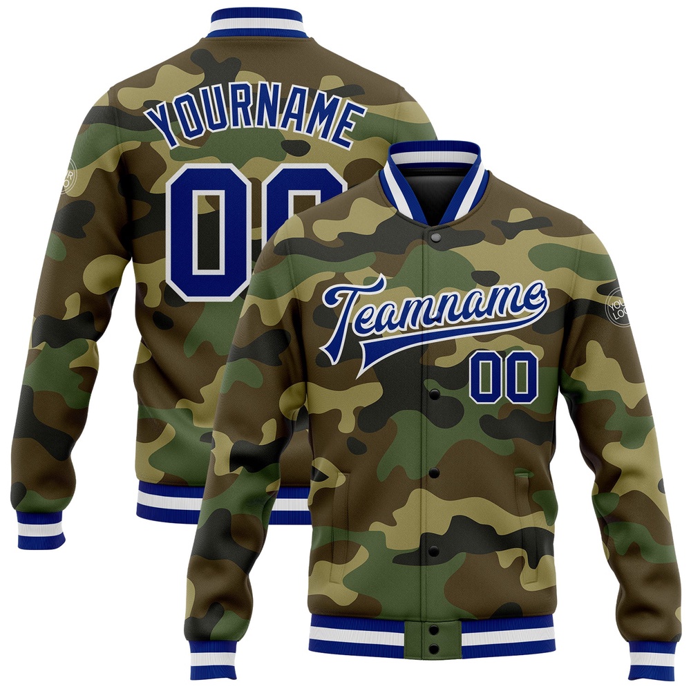 Custom Camo Royal White Bomber Full Snap Varsity Letterman Salute To Service Jacket, Custom Team Jacket