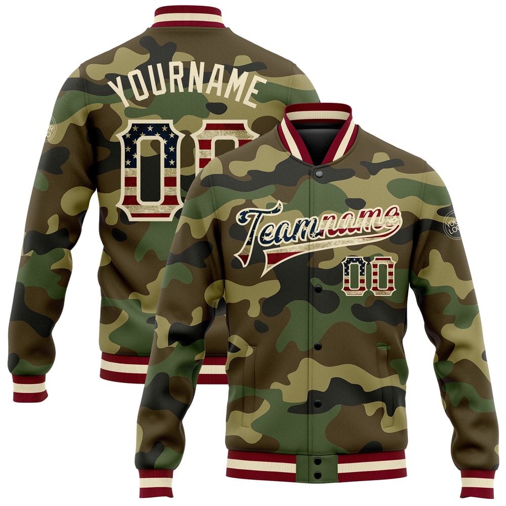Custom Camo Vintage USA Flag Cream Maroon Bomber Full Snap Varsity Letterman Salute To Service Jacket, Custom Team Jacket