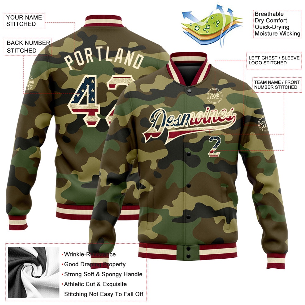 Custom Camo Vintage USA Flag Cream Maroon Bomber Full Snap Varsity Letterman Salute To Service Jacket, Custom Team Jacket