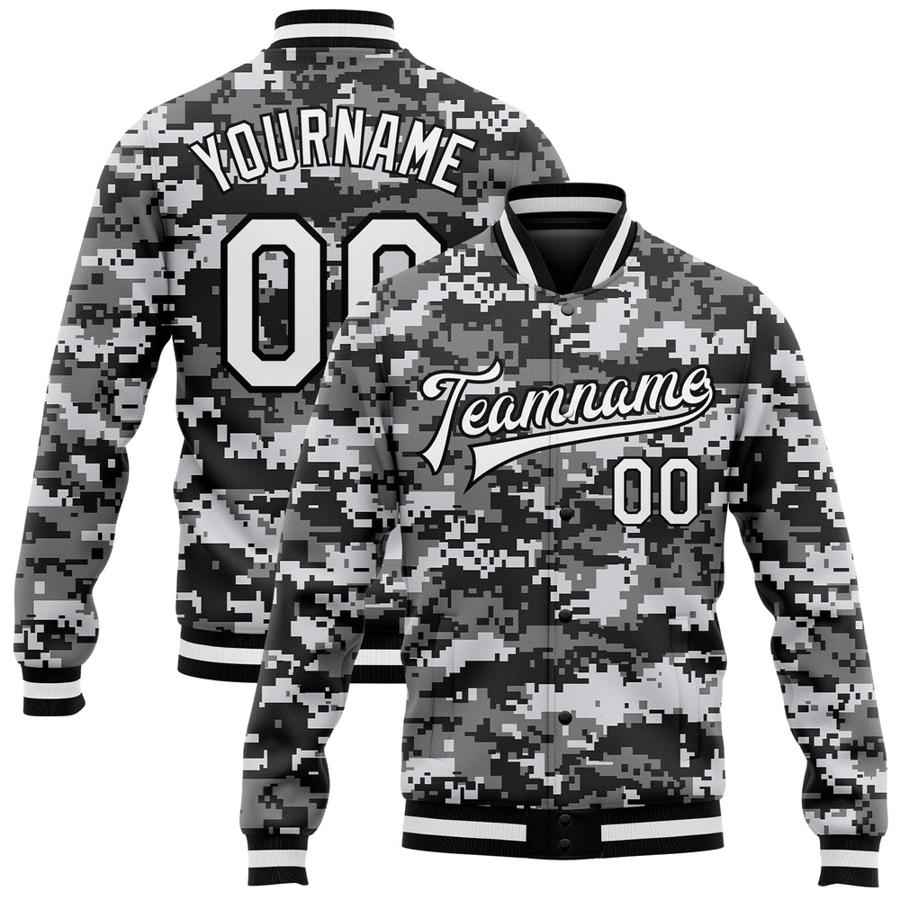 Custom Camo White Black 3D Bomber Full Snap Varsity Letterman Salute To Service Jacket, Custom Team Jacket
