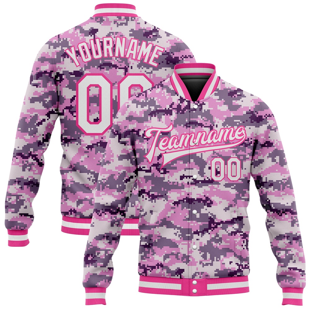 Custom Camo White Pink 3D Bomber Full Snap Varsity Letterman Salute To Service Jacket, Custom Team Jacket