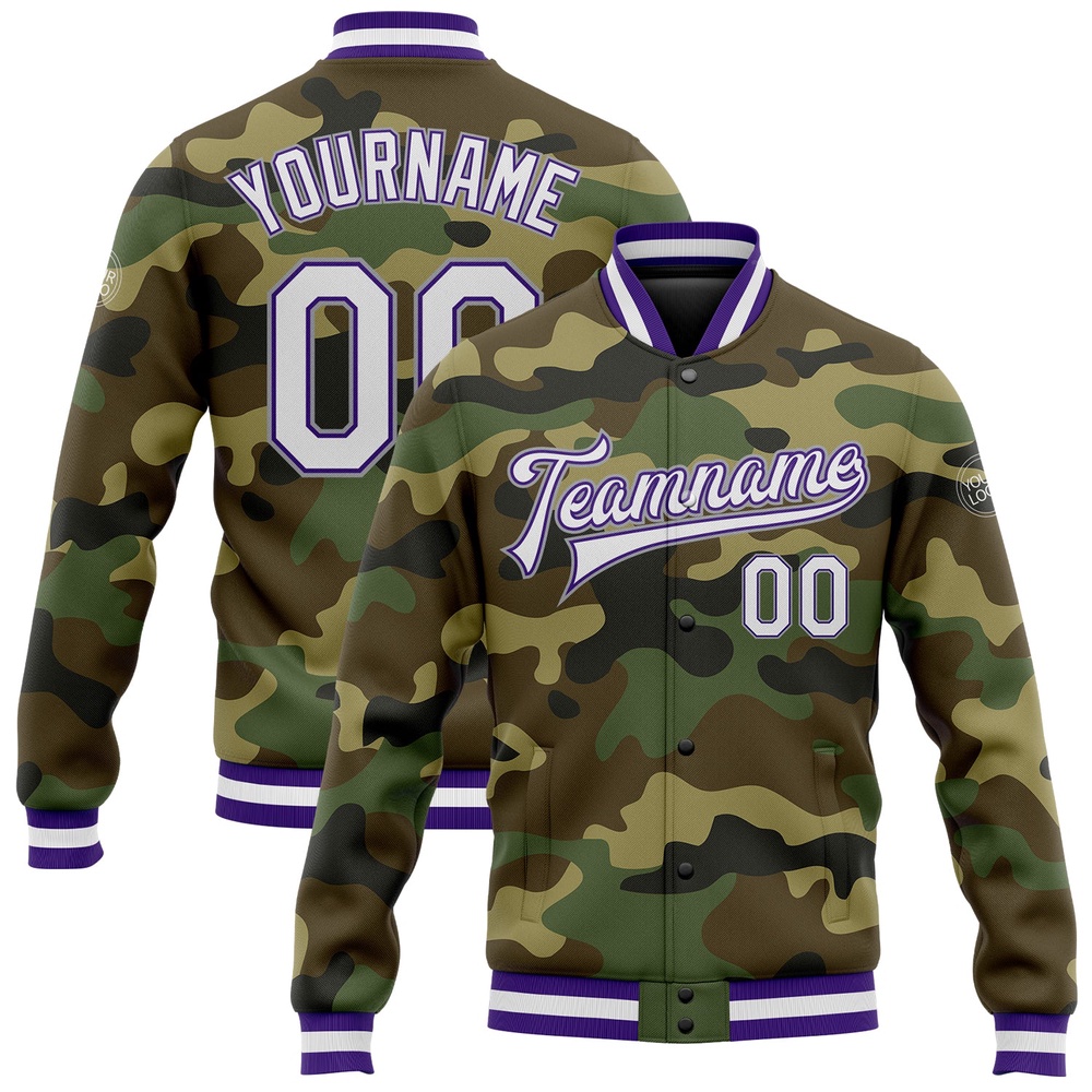 Custom Camo White Purple Gray Bomber Full Snap Varsity Letterman Salute To Service Jacket, Custom Team Jacket