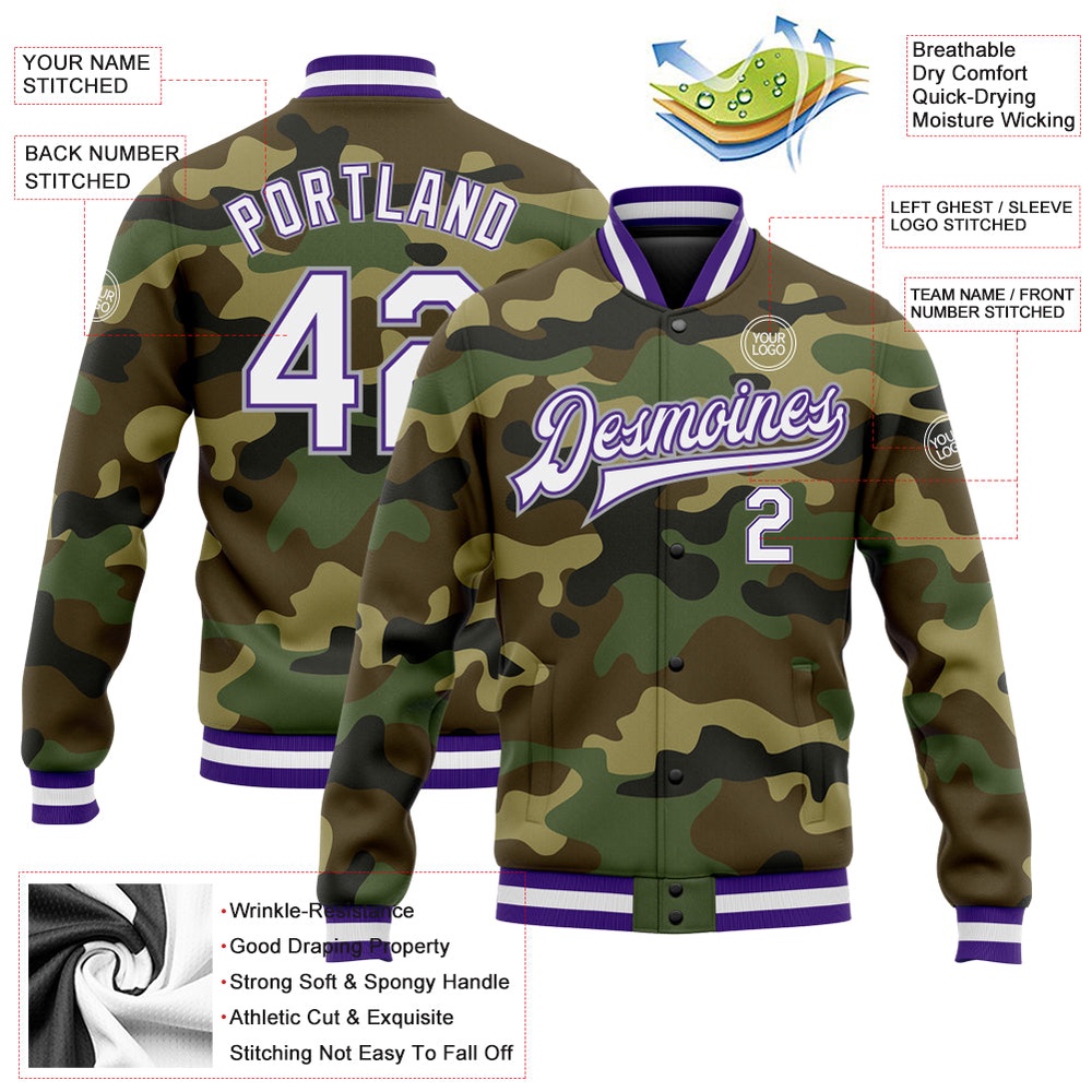 Custom Camo White Purple Gray Bomber Full Snap Varsity Letterman Salute To Service Jacket, Custom Team Jacket