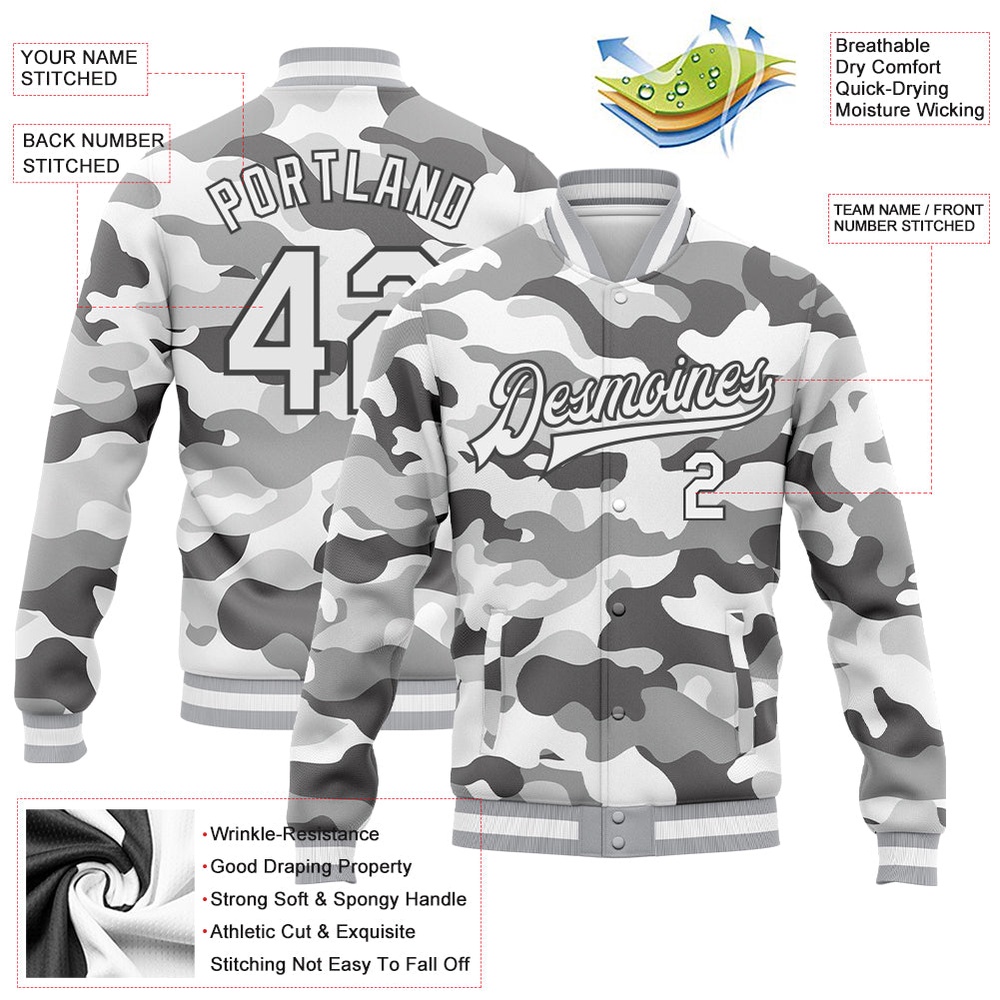 Custom Camo White Steel Gray Snow Camouflage 3D Bomber Full Snap Varsity Letterman Salute To Service Jacket, Custom Team Jacket