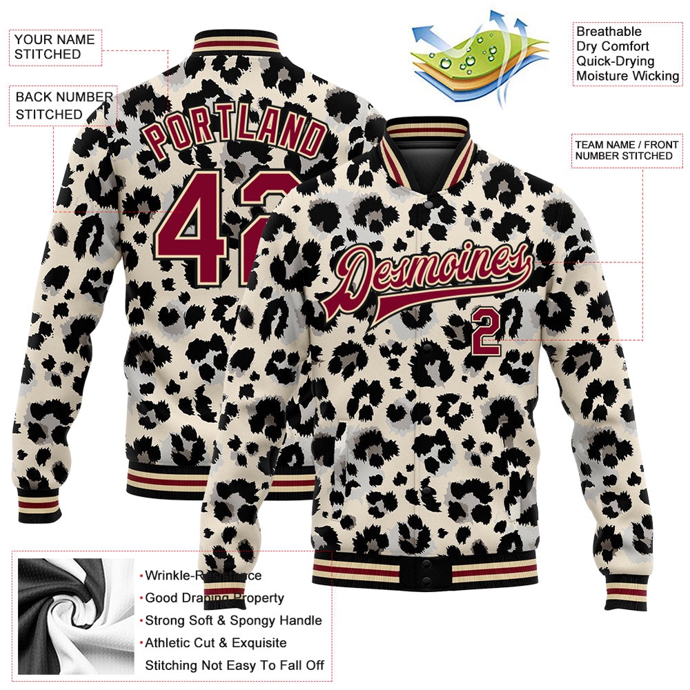 Custom City Cream Crimson-Black Leopard Print 3D Pattern Design Bomber Full-Snap Baseball Jacket_8743, Custom Team Jacket