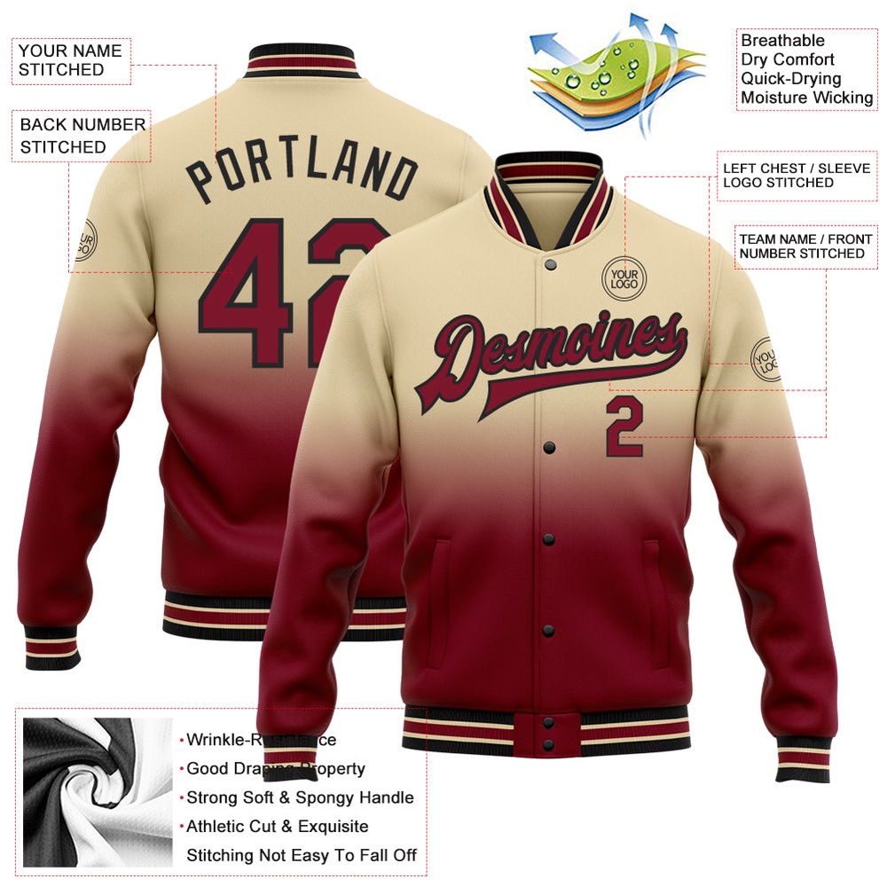 Custom City Cream Crimson Black Bomber Full Snap Baseball Jacket, Custom Team Jacket