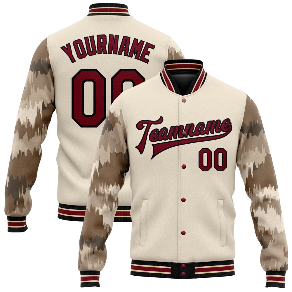 Custom City Cream Crimson Black Camo Sleeves 3D Pattern Design Bomber Full Snap Baseball Jacket, Custom Team Jacket