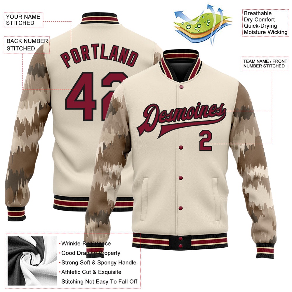 Custom City Cream Crimson Black Camo Sleeves 3D Pattern Design Bomber Full Snap Baseball Jacket, Custom Team Jacket