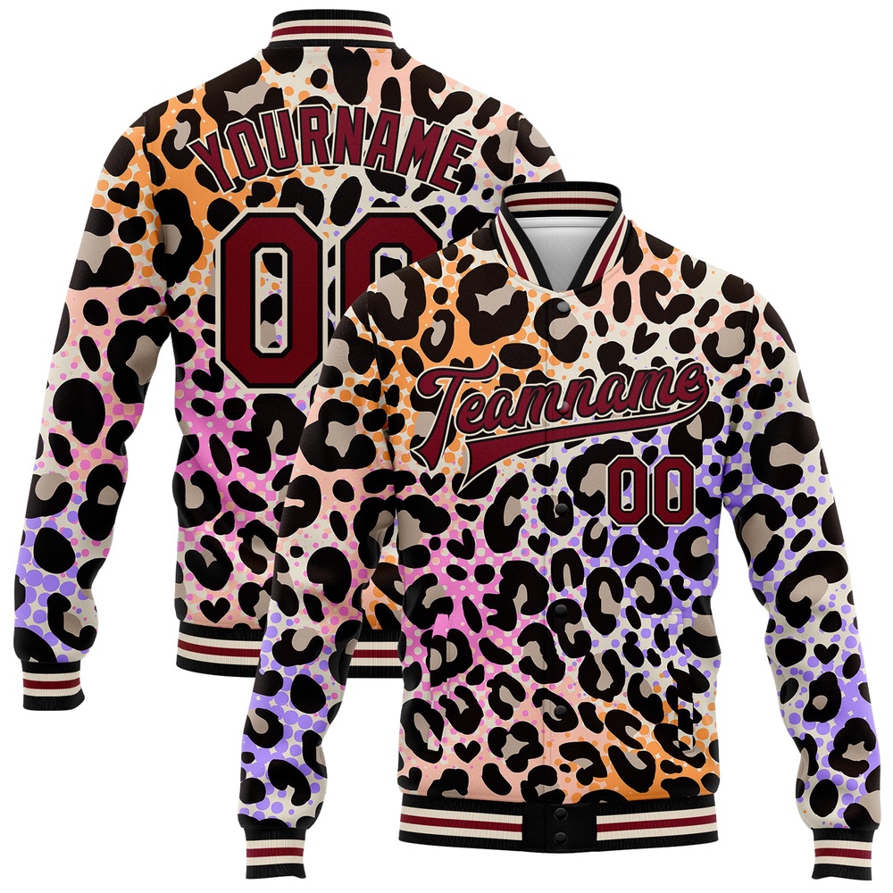 Custom City Cream Crimson Black Leopard Print 3D Pattern Design Bomber Full Snap Baseball Jacket, Custom Team Jacket