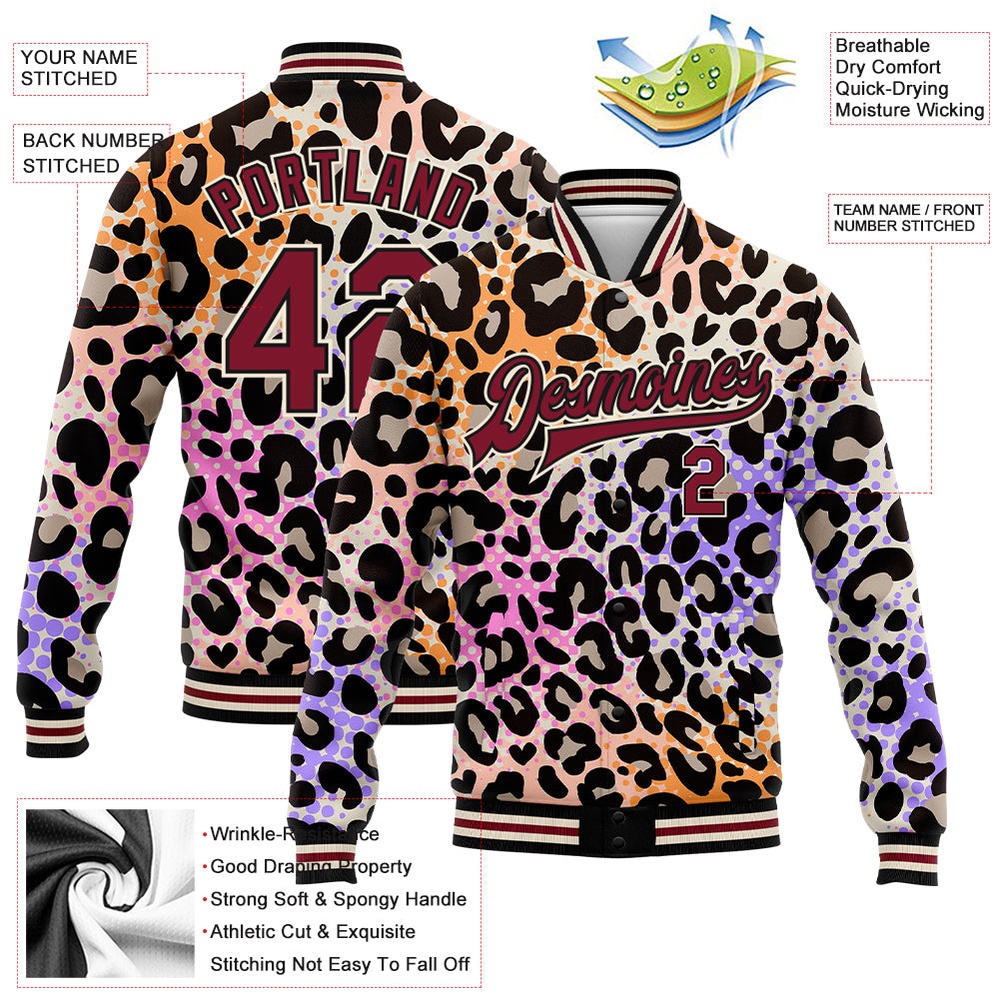 Custom City Cream Crimson Black Leopard Print 3D Pattern Design Bomber Full Snap Baseball Jacket, Custom Team Jacket