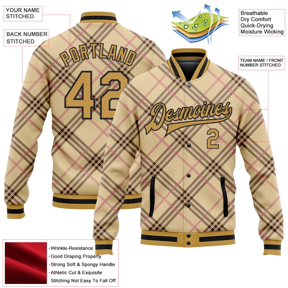 Custom City Cream Old Gold Black Light Pink Check Board 3D Pattern Design Bomber Full Snap Baseball Jacket, Custom Team Jacket