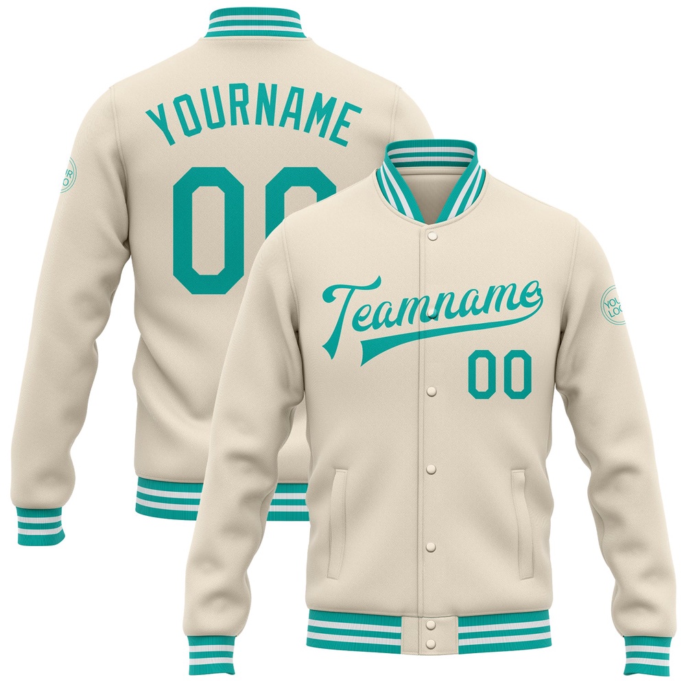 Custom Cream Aqua White Bomber Full Snap Baseball Jacket, Custom Team Jacket