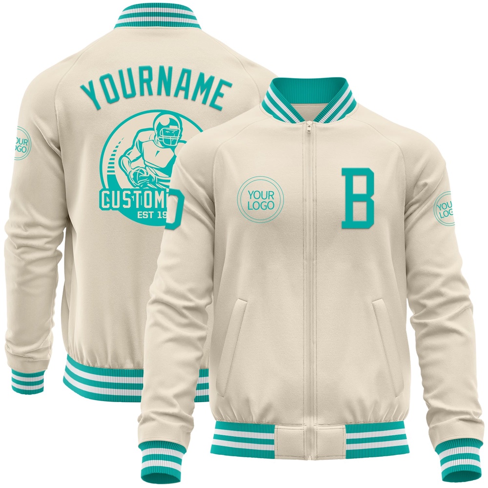 Custom Cream Aqua White Bomber Varsity Baseball Jacket, Custom Team Jacket