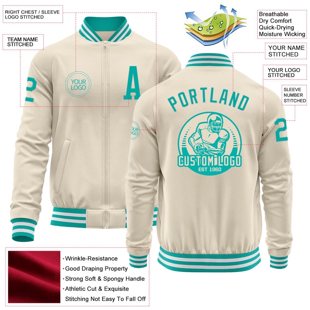 Custom Cream Aqua White Bomber Varsity Baseball Jacket, Custom Team Jacket