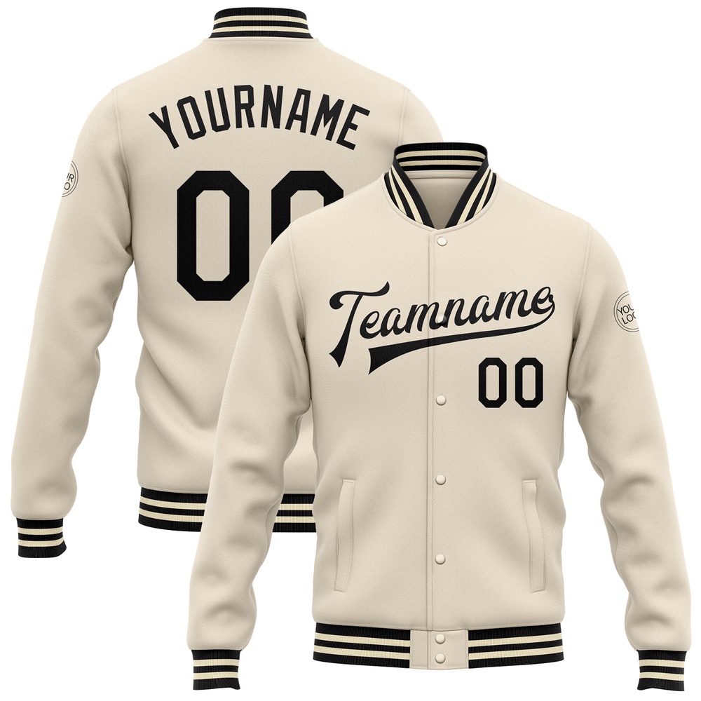 Custom Cream Black Bomber Full Snap Baseball Jacket, Custom Team Jacket