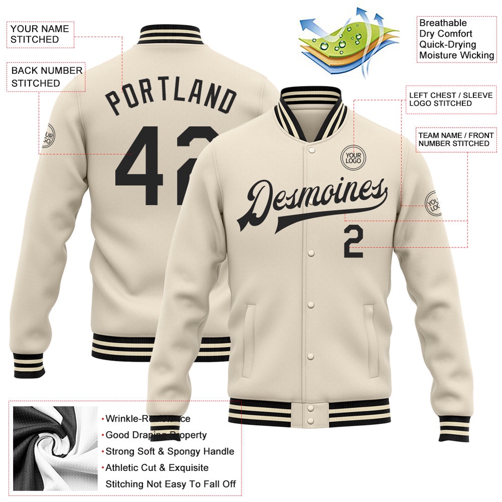 Custom Cream Black Bomber Full Snap Baseball Jacket, Custom Team Jacket