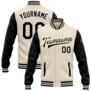Custom Cream Black Bomber Full Snap Varsity…
