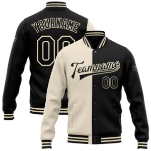 Custom Cream Black Bomber Full Snap Varsity…