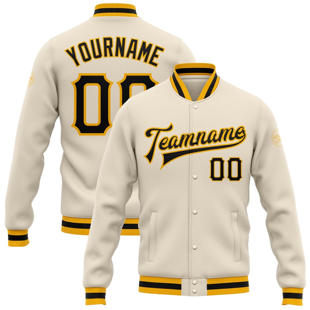 Custom Cream Black Gold Bomber Full Snap Baseball Jacket, Custom Team Jacket