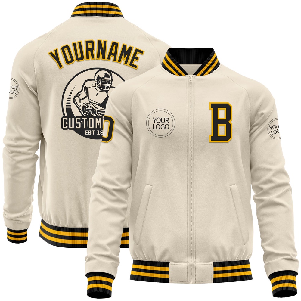 Custom Cream Black Gold Bomber Varsity Baseball Jacket, Custom Team Jacket