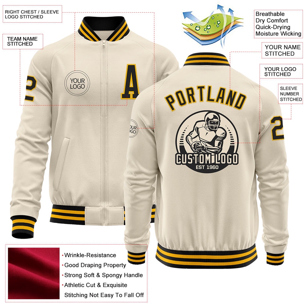 Custom Cream Black Gold Bomber Varsity Baseball Jacket, Custom Team Jacket