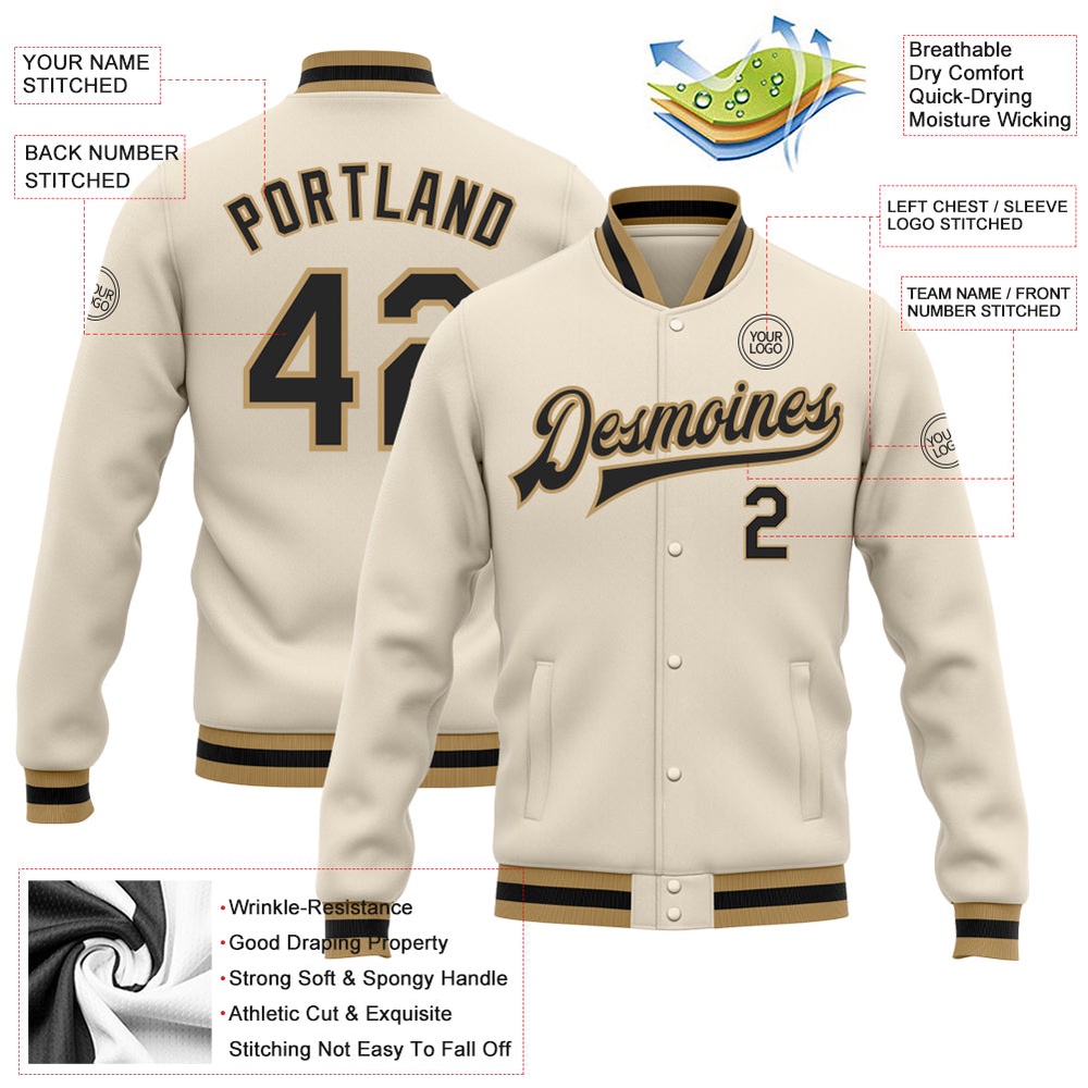 Custom Cream Black Old Gold Bomber Full Snap Baseball Jacket, Custom Team Jacket Custom Cream Black Old Gold Bomber Full Snap Baseball Jacket, Custom Team Jacket