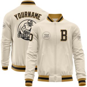 Custom Cream Black Old Gold Bomber Varsity…