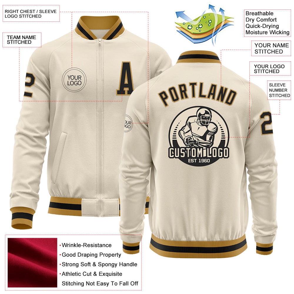 Custom Cream Black Old Gold Bomber Varsity Baseball Jacket, Custom Team Jacket Custom Cream Black Old Gold Bomber Varsity Baseball Jacket, Custom Team Jacket
