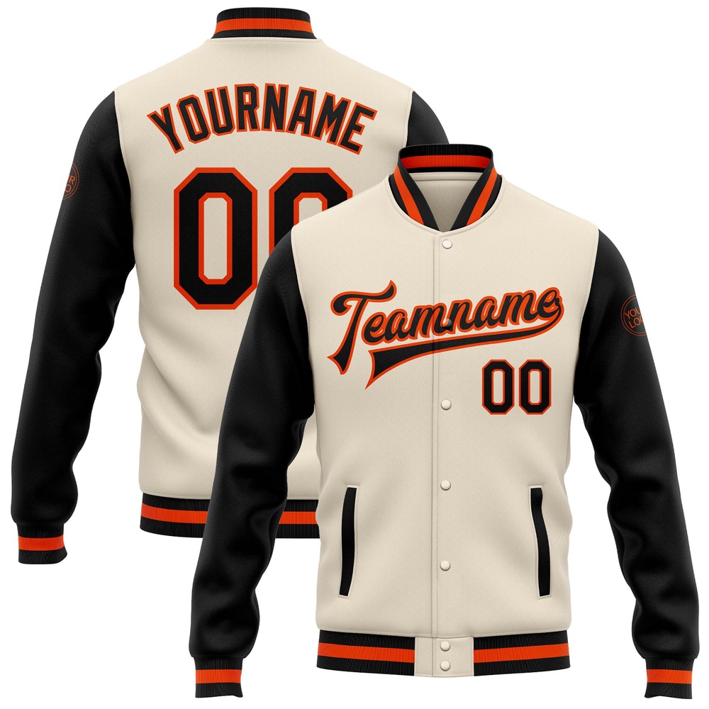 Custom Cream Black Orange Bomber Full Snap Varsity Baseball Jacket, Custom Team Jacket Custom Cream Black Orange Bomber Full Snap Varsity Baseball Jacket, Custom Team Jacket
