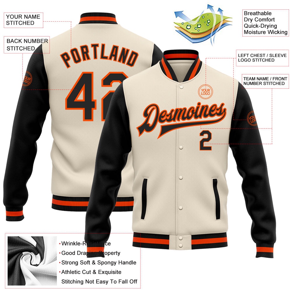 Custom Cream Black Orange Bomber Full Snap Varsity Baseball Jacket, Custom Team Jacket Custom Cream Black Orange Bomber Full Snap Varsity Baseball Jacket, Custom Team Jacket