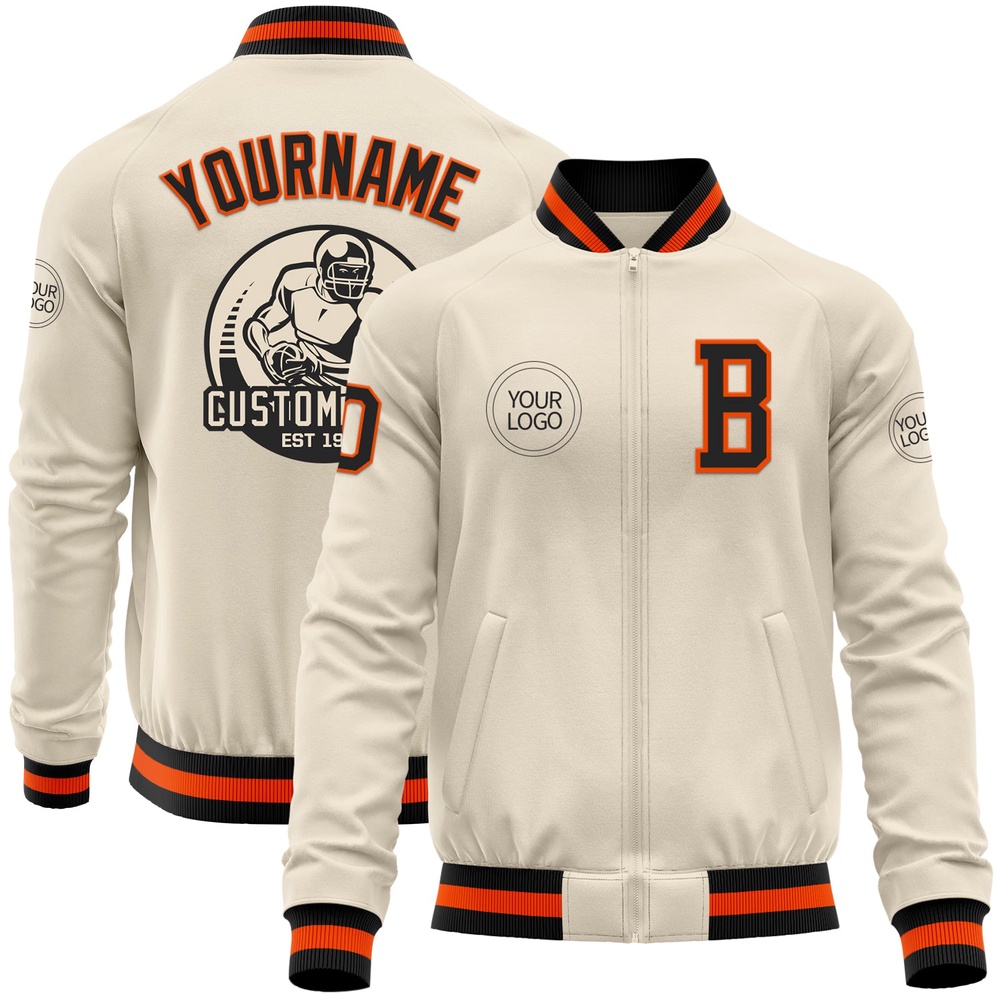 Custom Cream Black Orange Bomber Varsity Baseball Jacket, Custom Team Jacket Custom Cream Black Orange Bomber Varsity Baseball Jacket, Custom Team Jacket