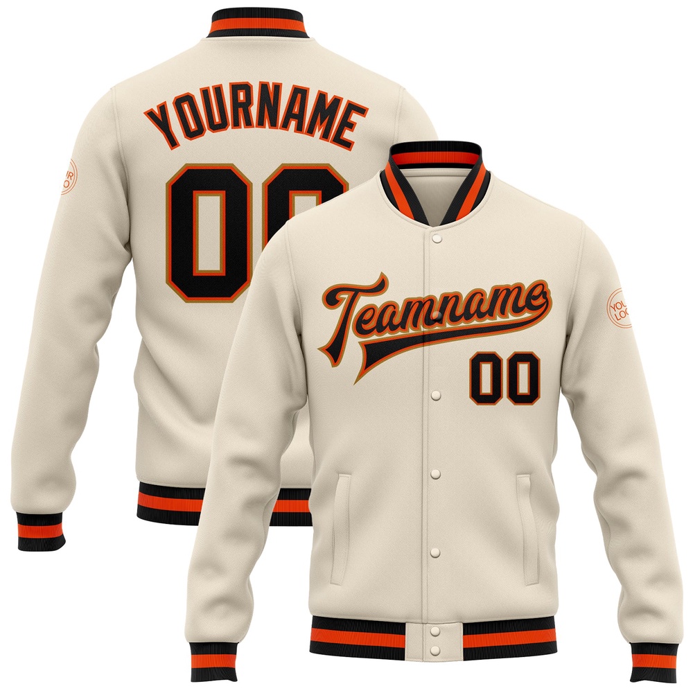 Custom Cream Black Orange Old Gold Bomber Full Snap Baseball Jacket, Custom Team Jacket Custom Cream Black Orange Old Gold Bomber Full Snap Baseball Jacket, Custom Team Jacket