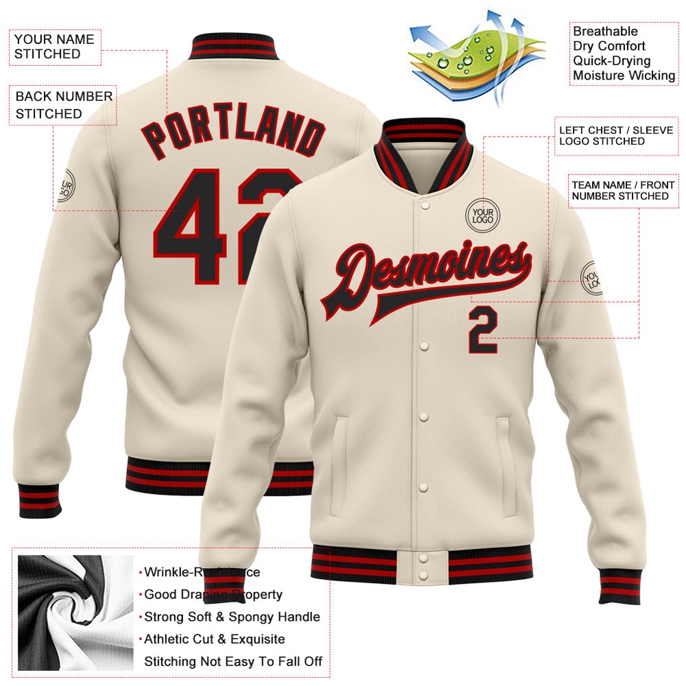 Custom Cream Black Red Bomber Full Snap Baseball Jacket, Custom Team Jacket Custom Cream Black Red Bomber Full Snap Baseball Jacket, Custom Team Jacket