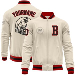 Custom Cream Black Red Bomber Varsity Baseball…