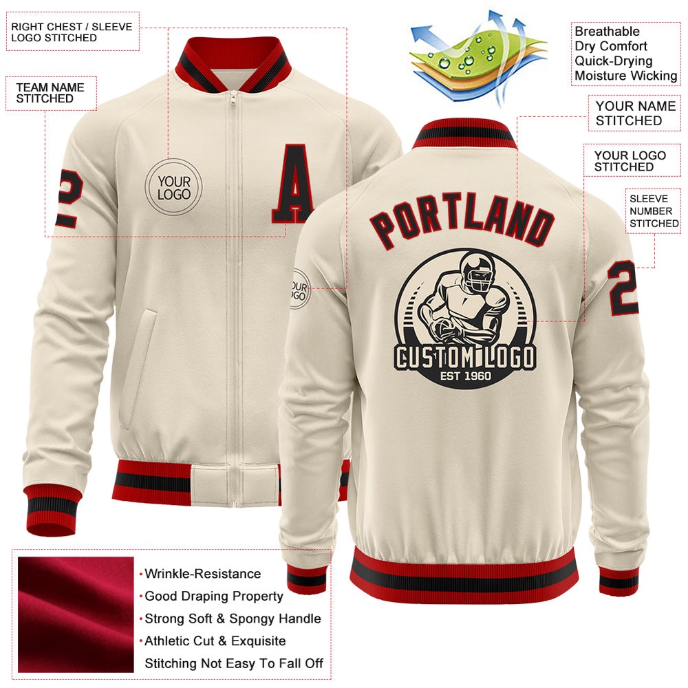 Custom Cream Black Red Bomber Varsity Baseball Jacket, Custom Team Jacket Custom Cream Black Red Bomber Varsity Baseball Jacket, Custom Team Jacket