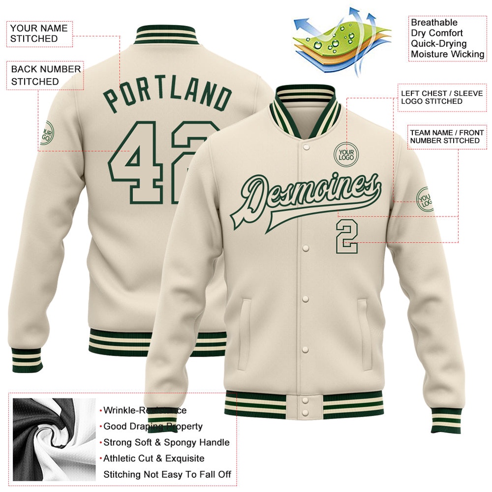 Custom Cream Cream Green Bomber Full Snap Baseball Jacket, Custom Team Jacket Custom Cream Cream Green Bomber Full Snap Baseball Jacket, Custom Team Jacket