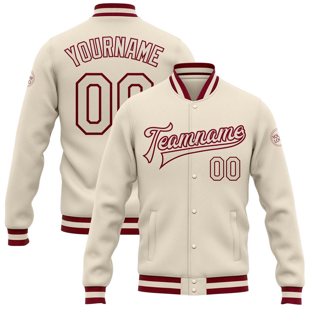 Custom Cream Cream Maroon Bomber Full Snap Baseball Jacket, Custom Team Jacket Custom Cream Cream Maroon Bomber Full Snap Baseball Jacket, Custom Team Jacket