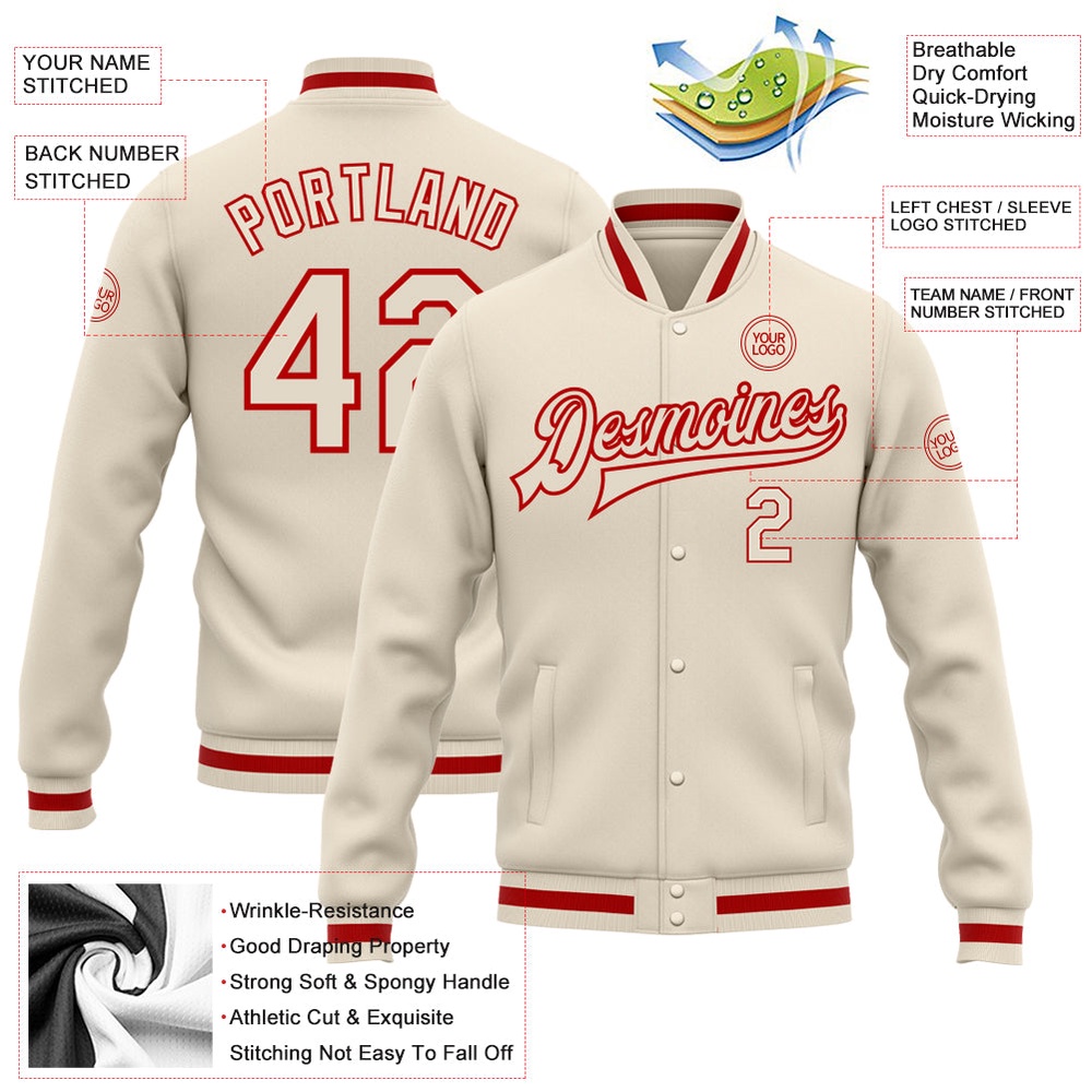Custom Cream Cream Red Bomber Full Snap Baseball Jacket, Custom Team Jacket Custom Cream Cream Red Bomber Full Snap Baseball Jacket, Custom Team Jacket