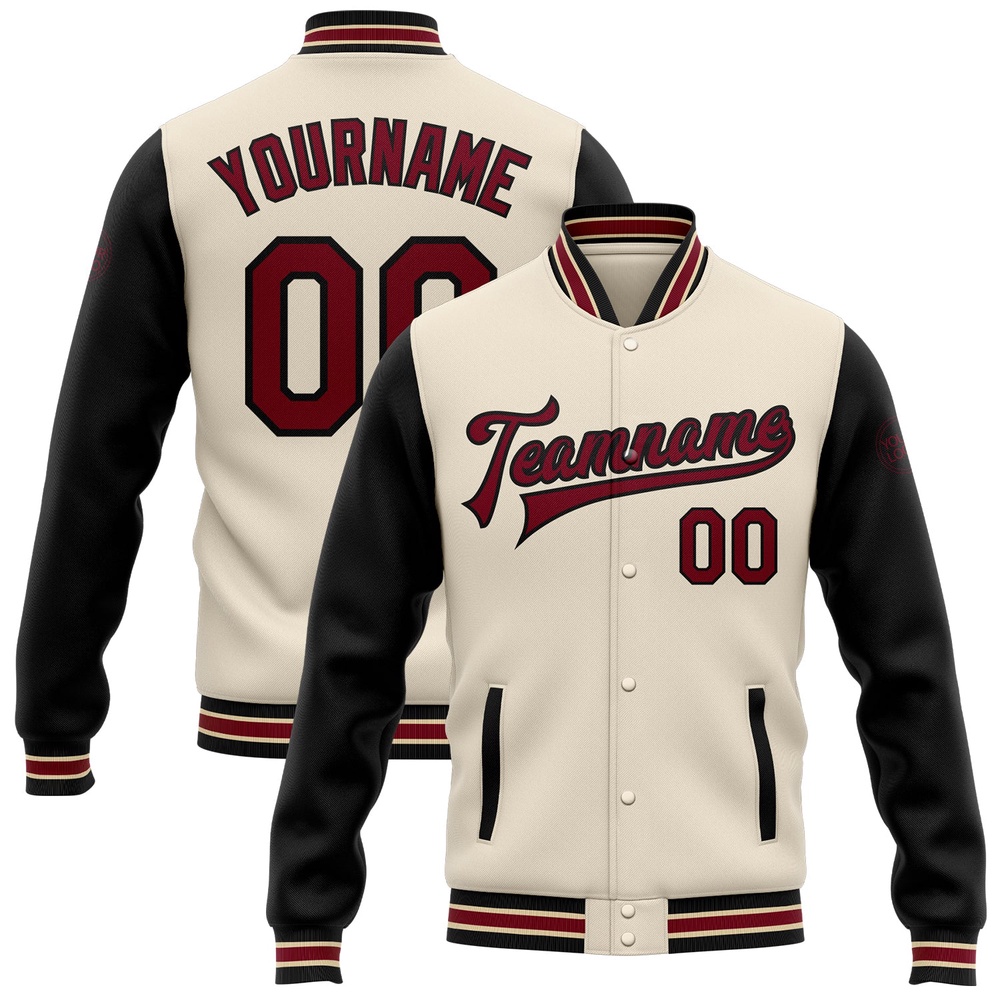 Custom Cream Crimson Black City Cream Bomber Full Snap Varsity Baseball Jacket, Custom Team Jacket Custom Cream Crimson Black City Cream Bomber Full Snap Varsity Baseball Jacket, Custom Team Jacket