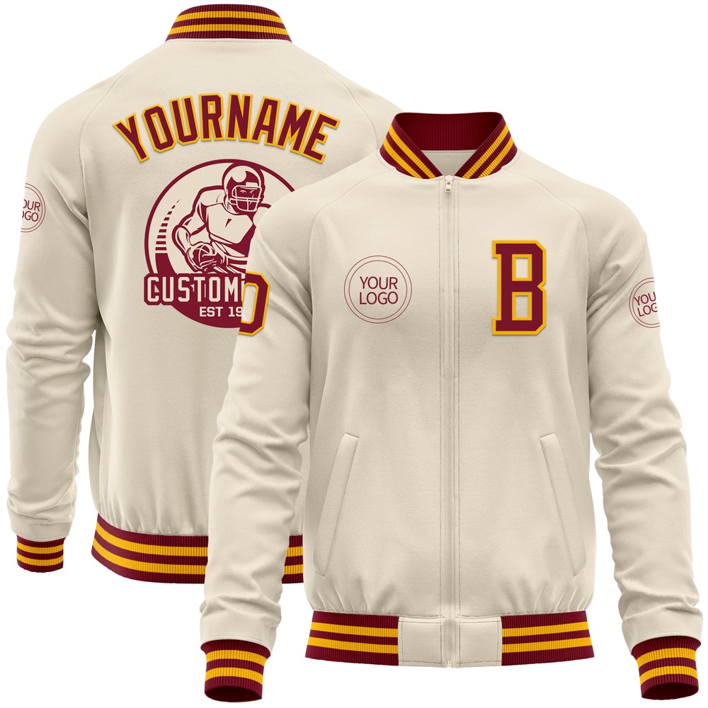 Custom Cream Crimson Gold Bomber Varsity Baseball Jacket, Custom Team Jacket Custom Cream Crimson Gold Bomber Varsity Baseball Jacket, Custom Team Jacket