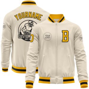 Custom Cream Gold Black Bomber Varsity Baseball…