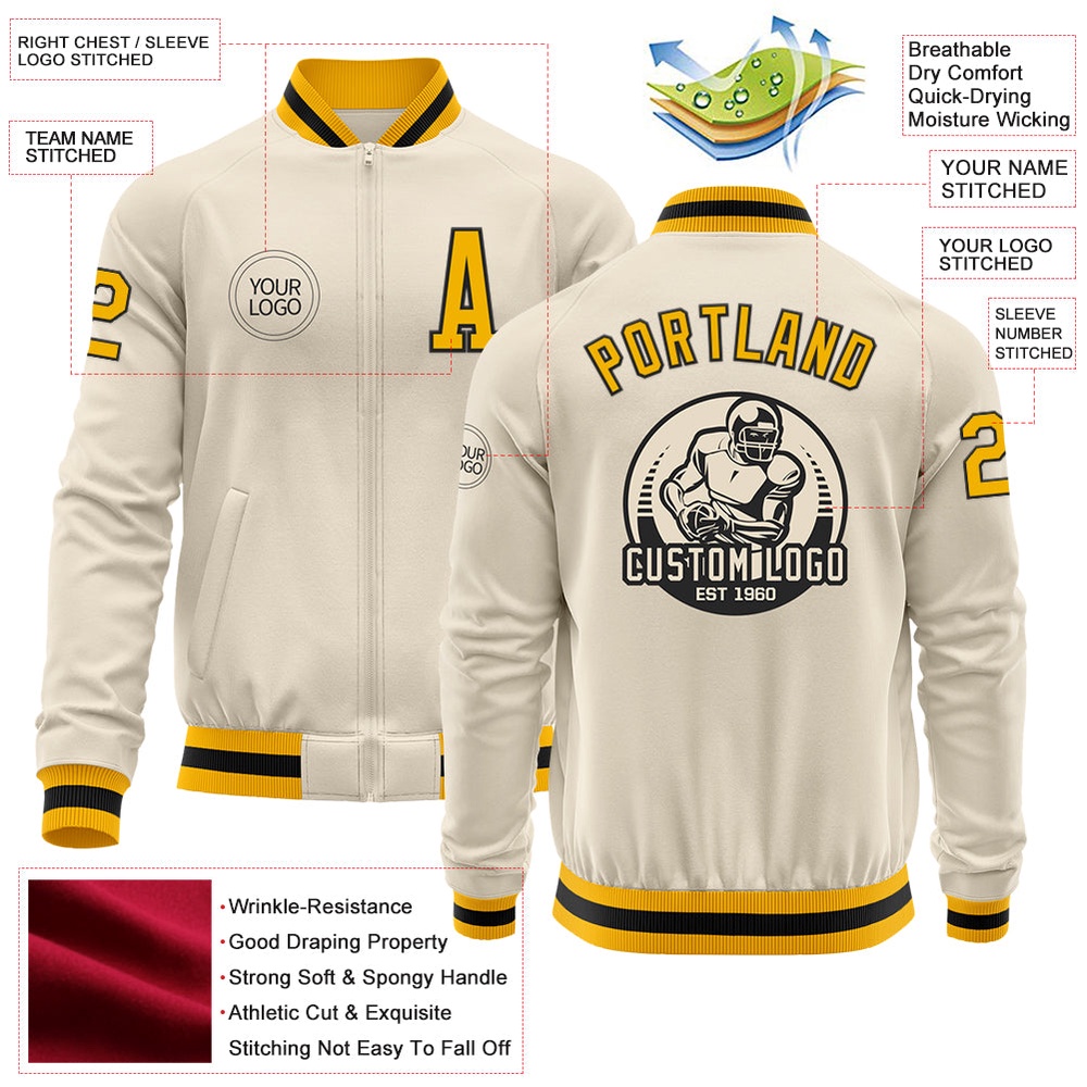 Custom Cream Gold Black Bomber Varsity Baseball Jacket, Custom Team Jacket
