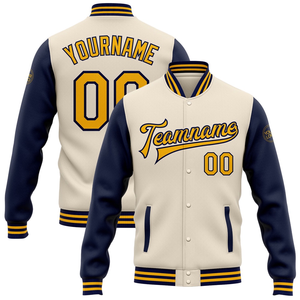 Custom Cream Gold Navy Bomber Full Snap Varsity Baseball Jacket, Custom Team Jacket
