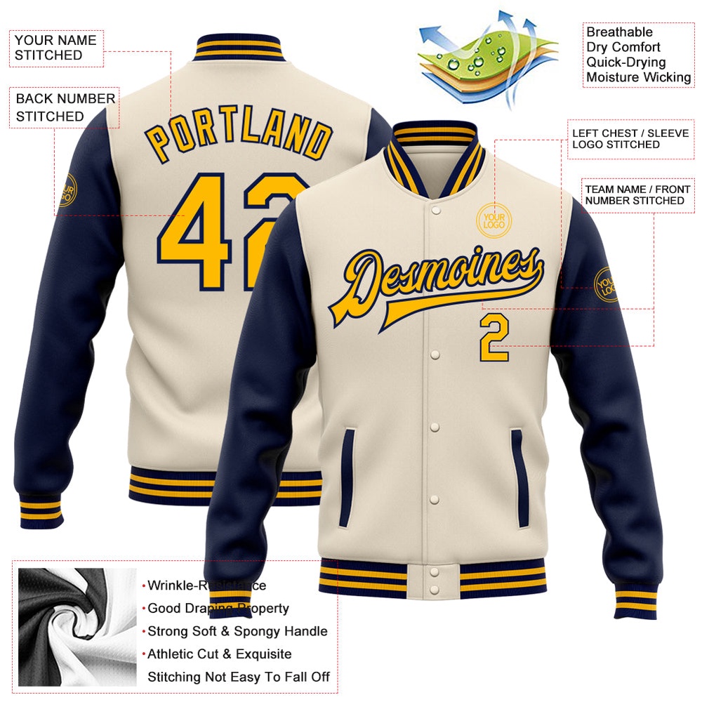 Custom Cream Gold Navy Bomber Full Snap Varsity Baseball Jacket, Custom Team Jacket