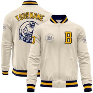Custom Cream Gold Navy Bomber Varsity Baseball…
