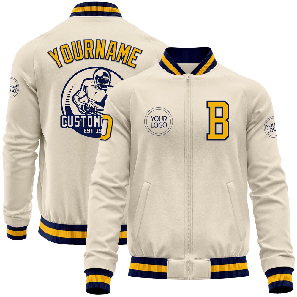 Custom Cream Gold Navy Bomber Varsity Baseball Jacket, Custom Team Jacket