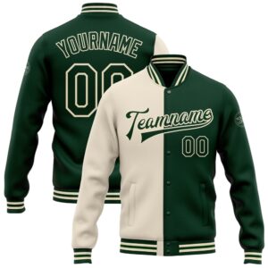 Custom Cream Green Bomber Full Snap Varsity…