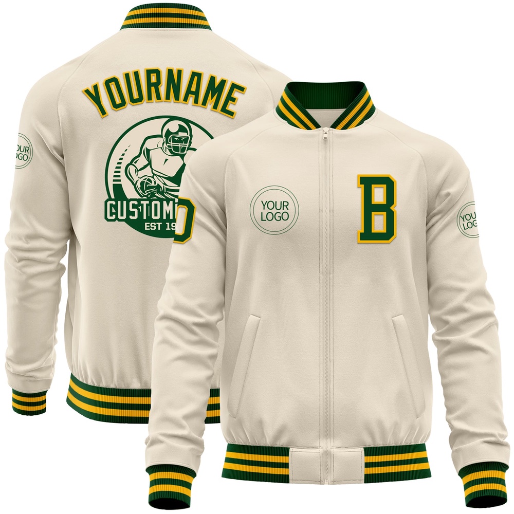 Custom Cream Green Gold Bomber Varsity Baseball Jacket, Custom Team Jacket
